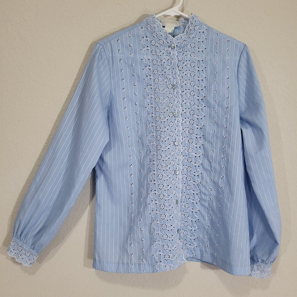 Vintage Blouse Lee Mar California Womens Large 12 Blue Eyelet Embroidered 70s